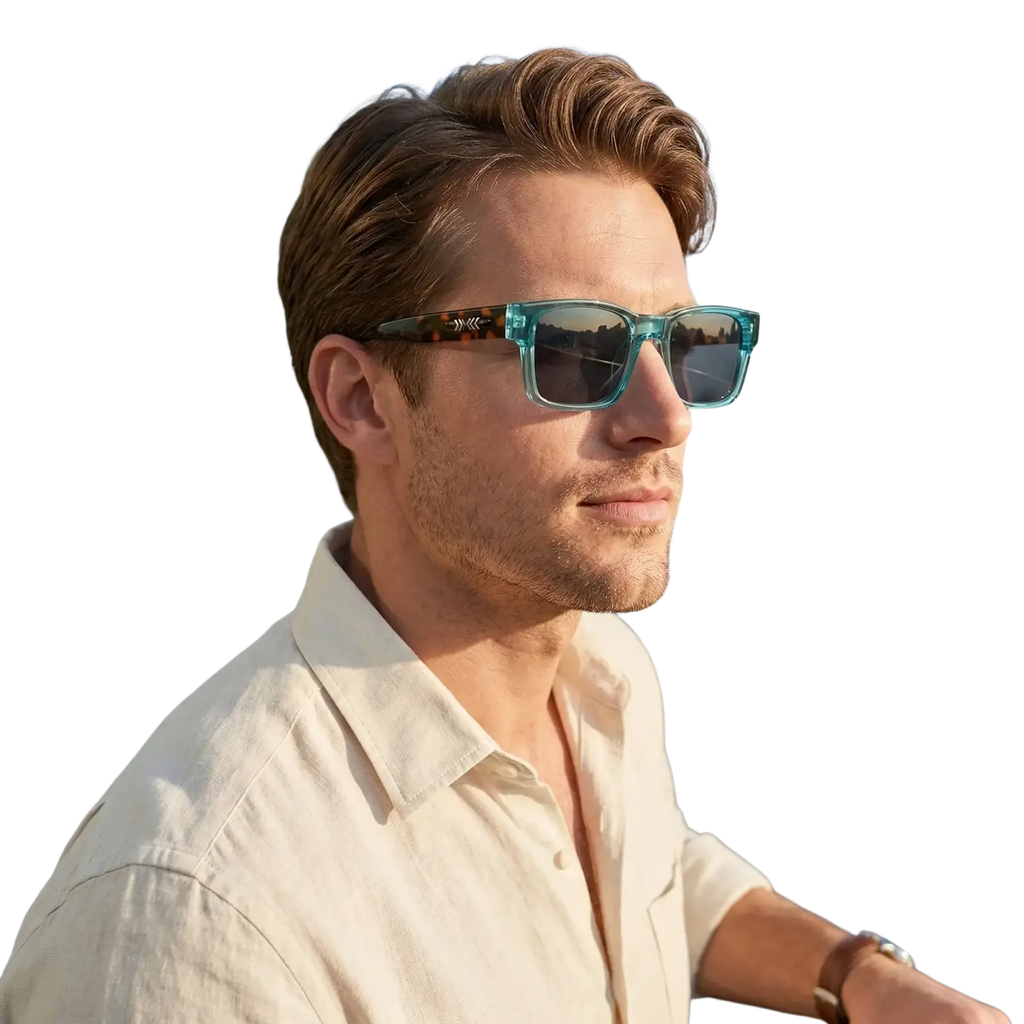 Minimalist teal-framed square uv400 sunglasses with dark lenses and arrow design on temple for unisex use