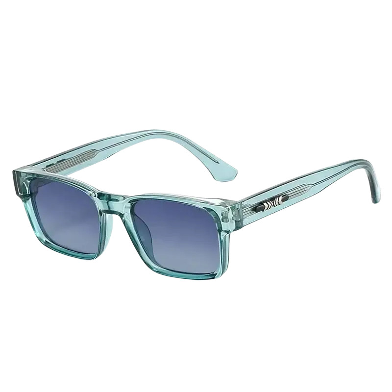 Minimalist square uv400 sunglasses unisex with teal-tinted rectangular frames and gradient blue lenses with geometric temples