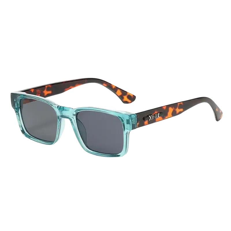 Minimalist square uv400 sunglasses unisex with teal tinted rectangular frames and tortoiseshell patterned arms