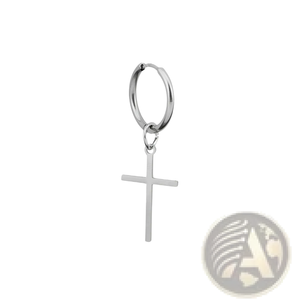 Minimalist stainless steel hoop earrings featuring a silver cross pendant with a simple and elegant design