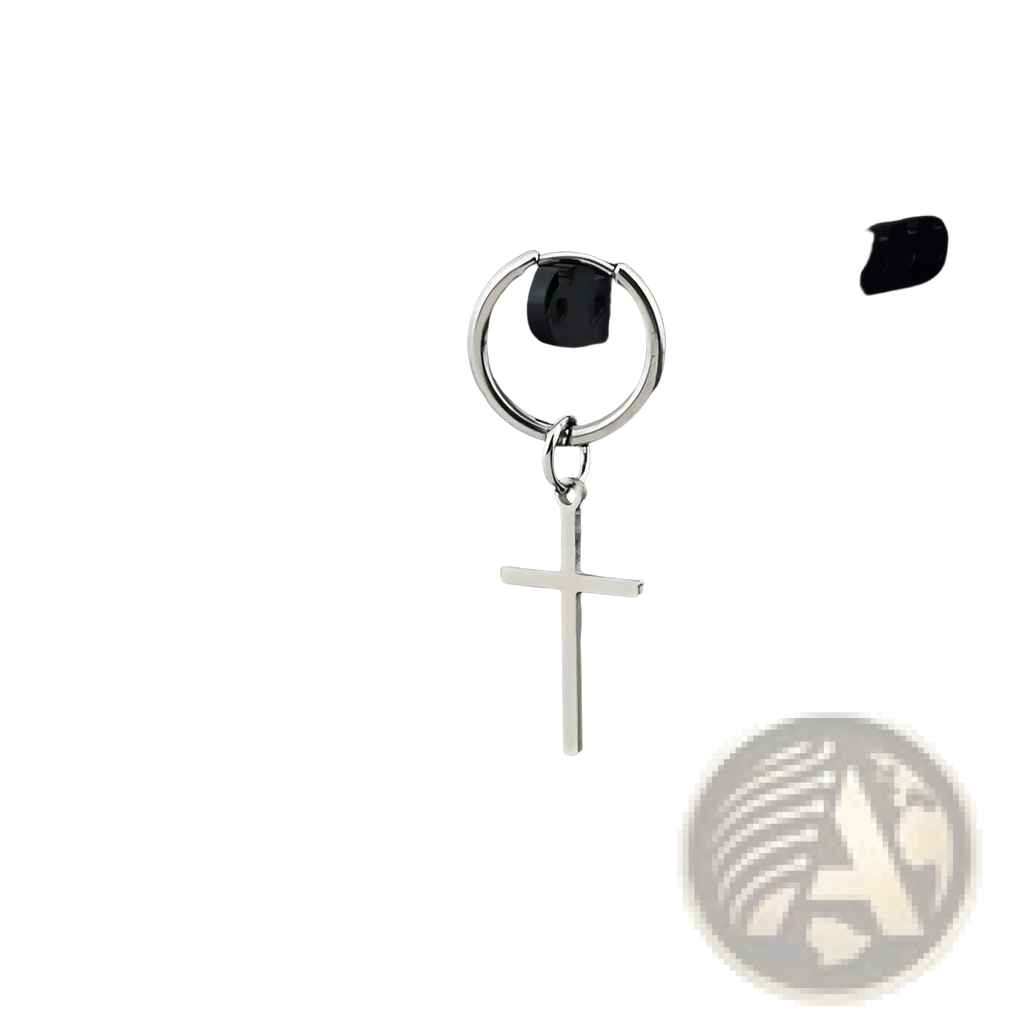 Minimalist stainless steel silver hoop earring with a dangling cross pendant for everyday wear