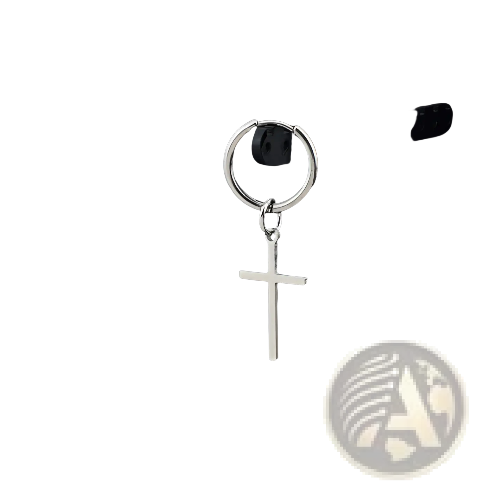 Minimalist stainless steel silver hoop earring with a dangling cross pendant for everyday wear