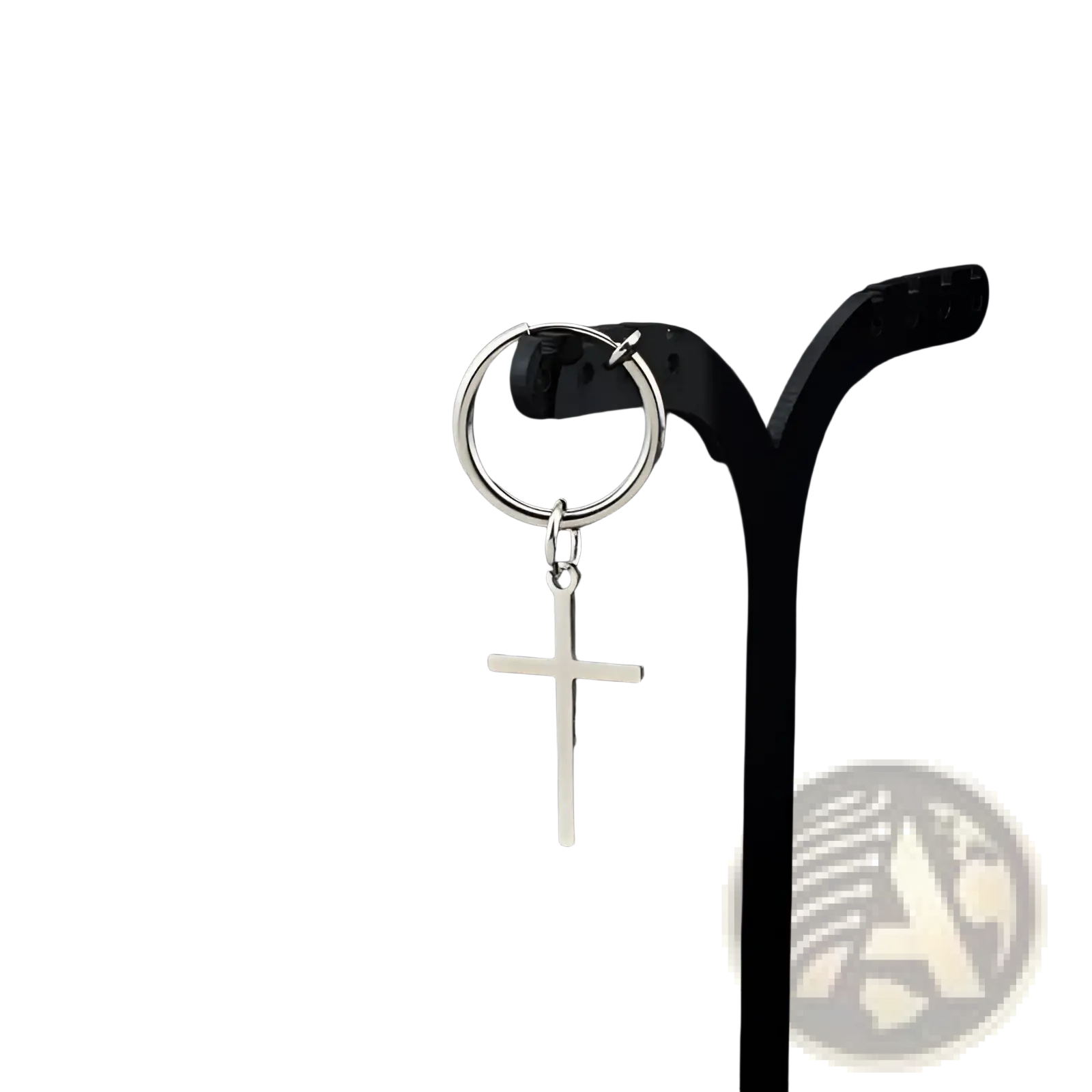 Minimalist stainless steel silver hoop earring with a dangling cross pendant showcasing a sleek design