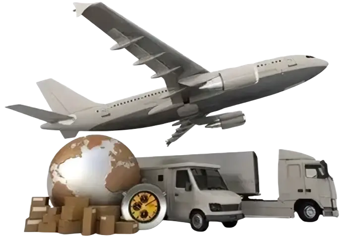 Gray commercial airplane with jet engines above globe, delivery truck, and cargo containers in minimalist wabi sabi led chandelier pendant light design