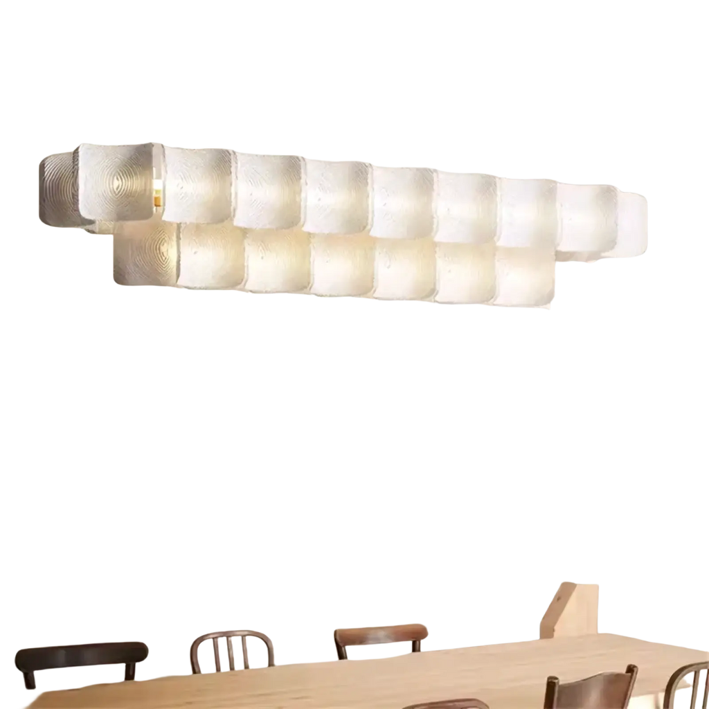 Minimalist Wabi Sabi LED chandelier pendant light featuring frosted glass cubes in an overlapping wave pattern