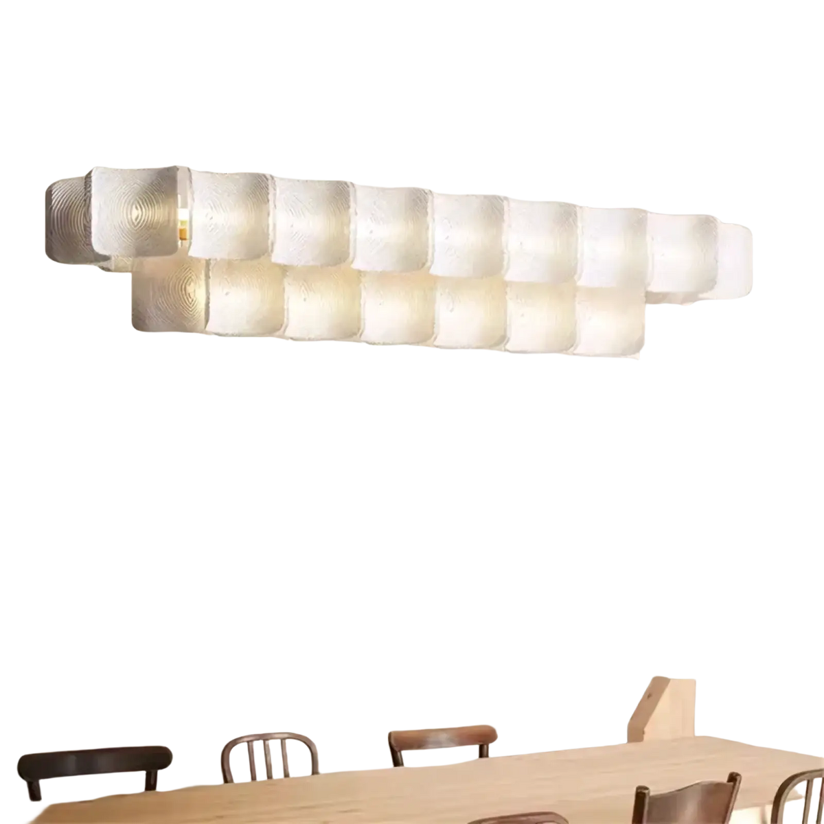 Minimalist Wabi Sabi LED chandelier pendant light featuring frosted glass cubes in an overlapping wave pattern
