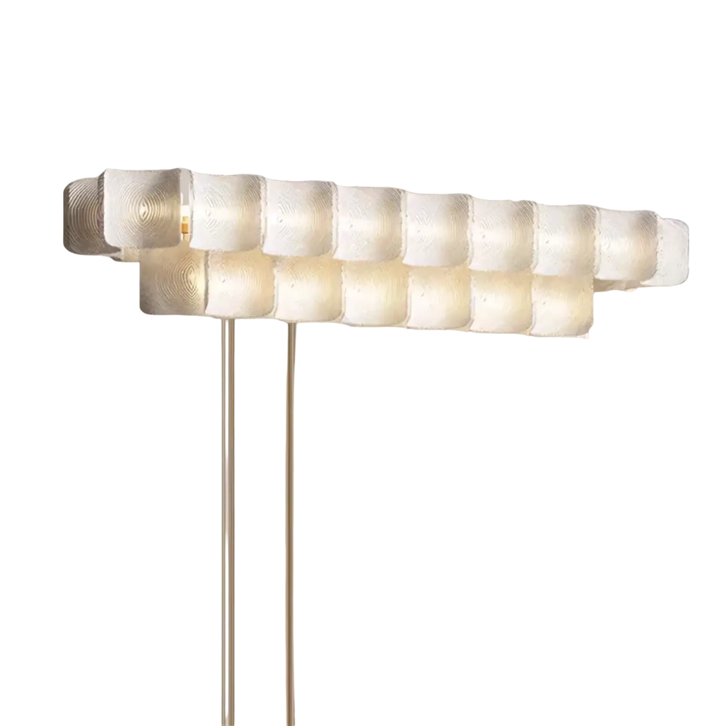 Minimalist wabi sabi led chandelier pendant light with frosted glass segments and sleek metallic rectangular frame