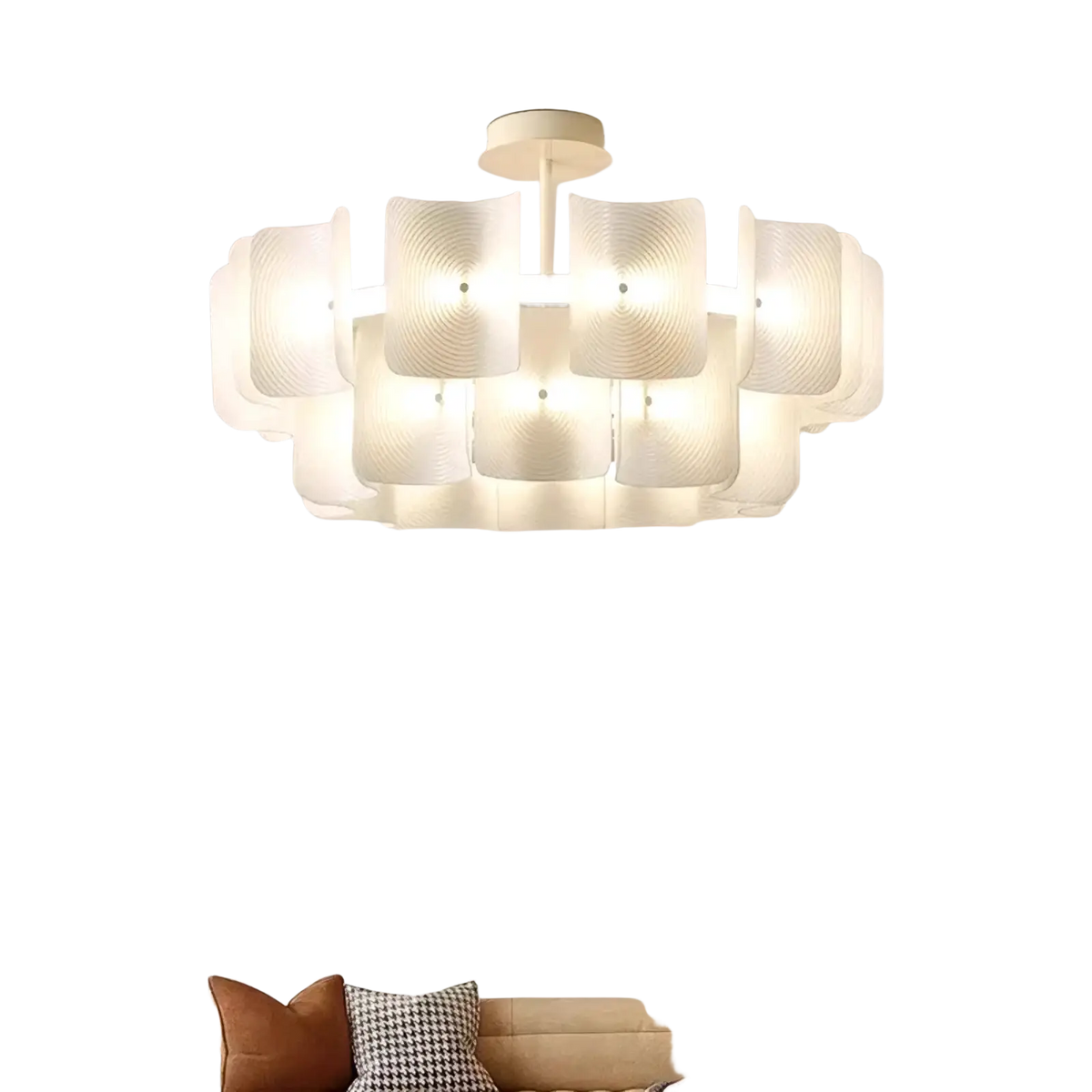 Minimalist wabi sabi led chandelier pendant light with modern white layered petal-shaped glass shades and central metallic fixture