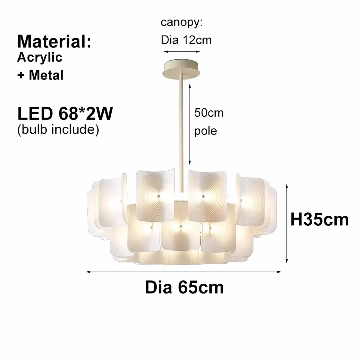 Minimalist wabi sabi led chandelier pendant light in white acrylic and metal with 68 led bulbs