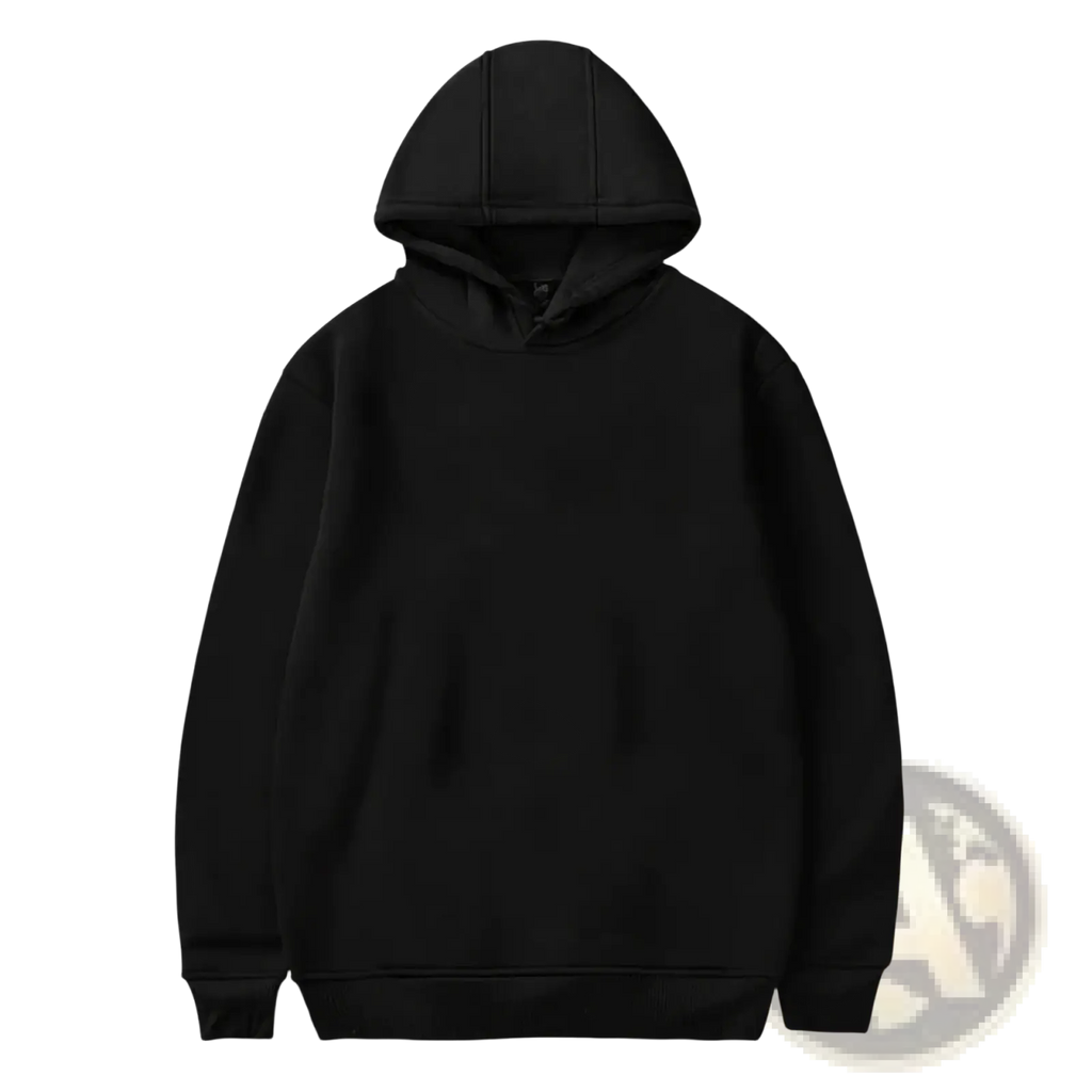 Minimalist women solid black hooded pullover sweatshirt with ribbed cuffs and a simple solid design