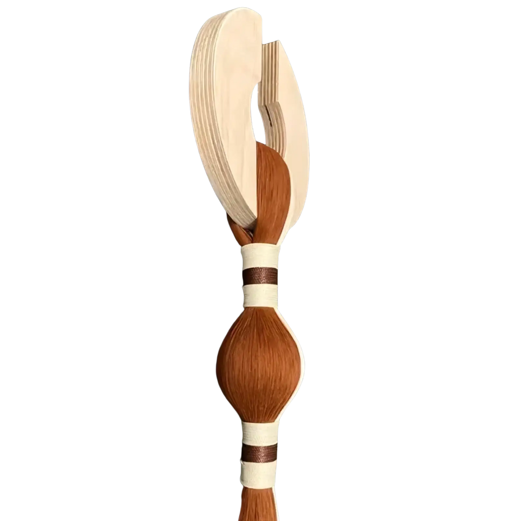 A handcrafted wooden comb with light wood handle and brown braided strands wrapped in white bands for minimalist decor