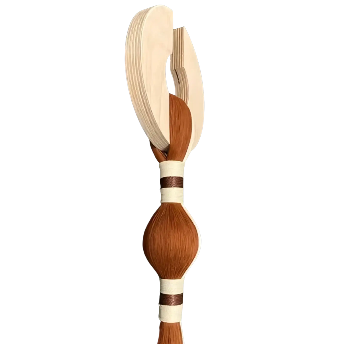 A handcrafted wooden comb with light wood handle and brown braided strands wrapped in white bands for minimalist decor