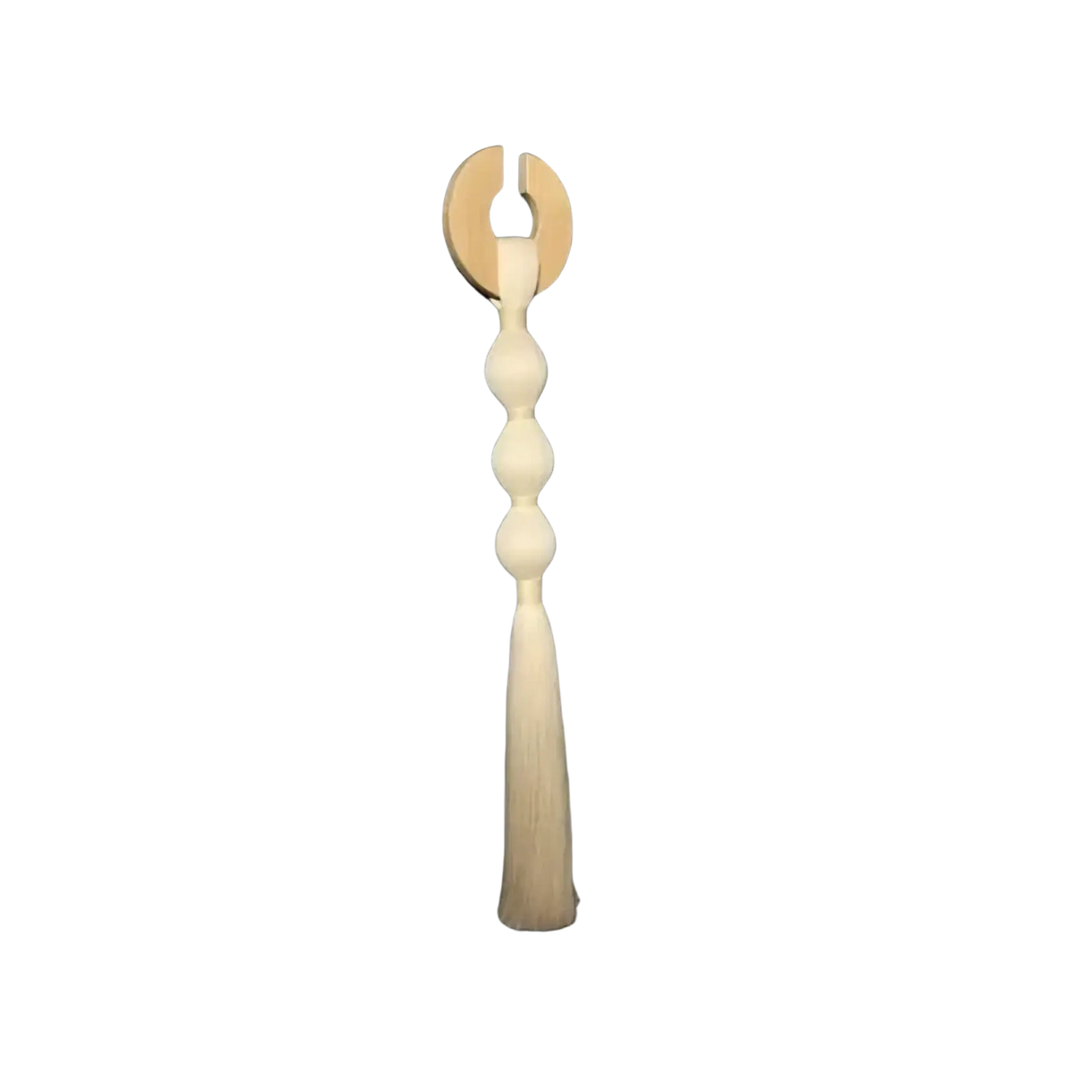 Minimalist woven tassel wall hanging art with light wooden beads and soft white fringe for elegant decor