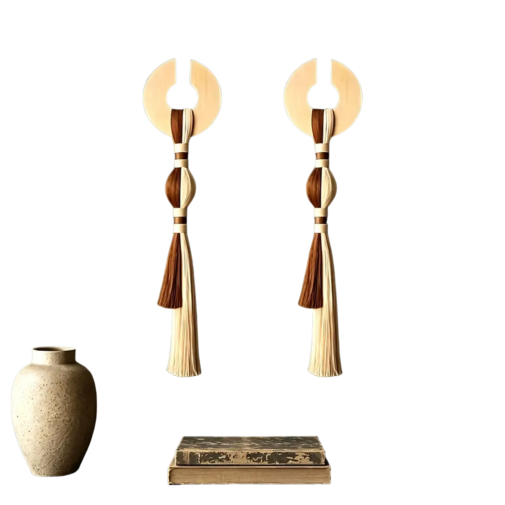 Minimalist woven tassel wall hanging art featuring a pair of wooden wall hangings with natural and brown leather tassels