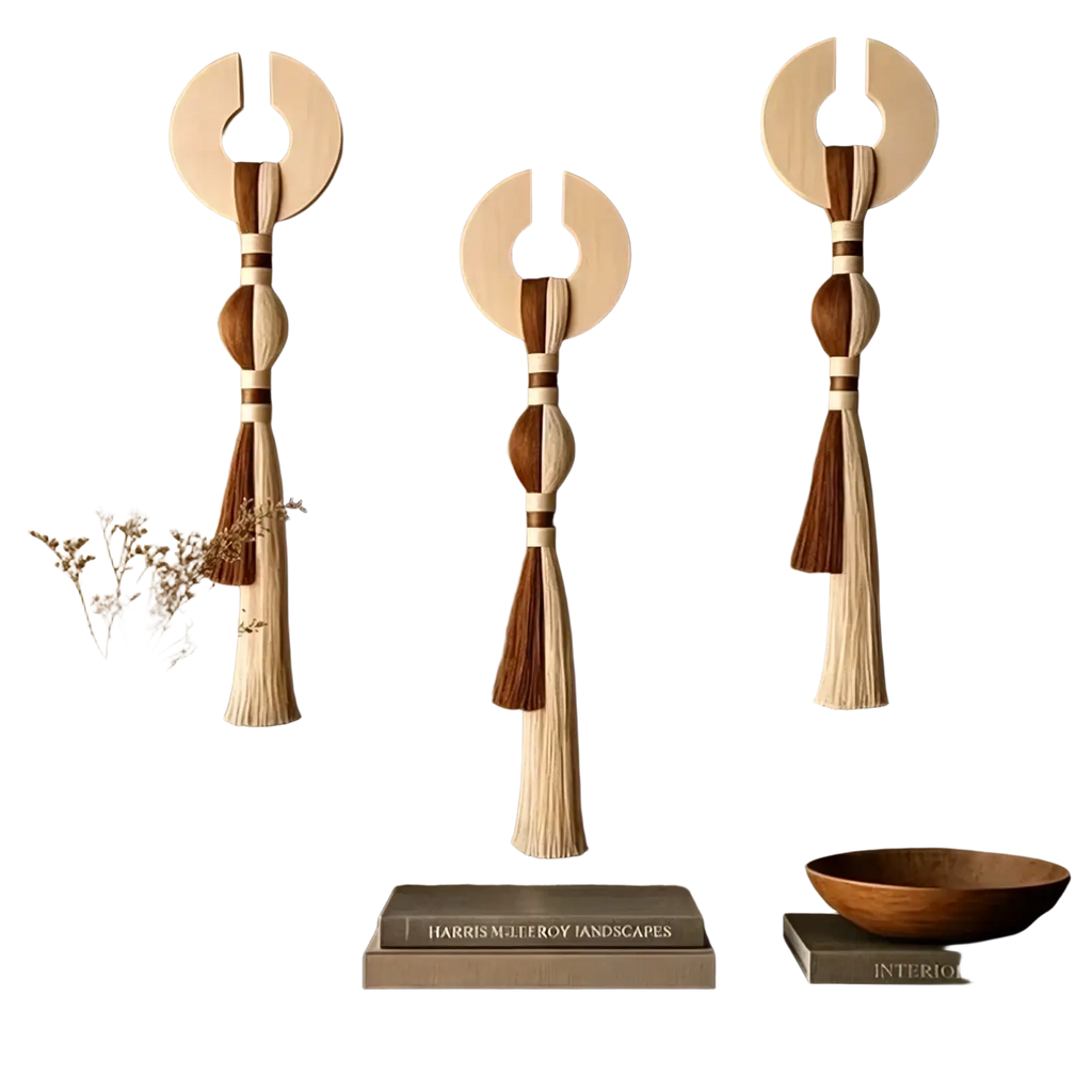 Minimalist woven tassel wall hanging art featuring three beige and brown wooden decorations with layered beads and long tassels
