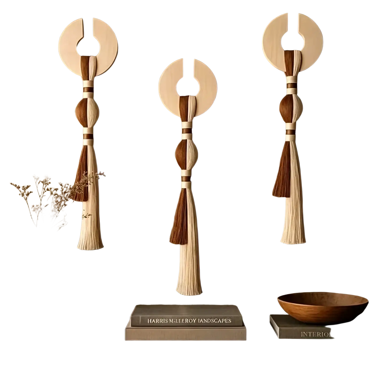 Minimalist woven tassel wall hanging art featuring three beige and brown wooden decorations with layered beads and long tassels