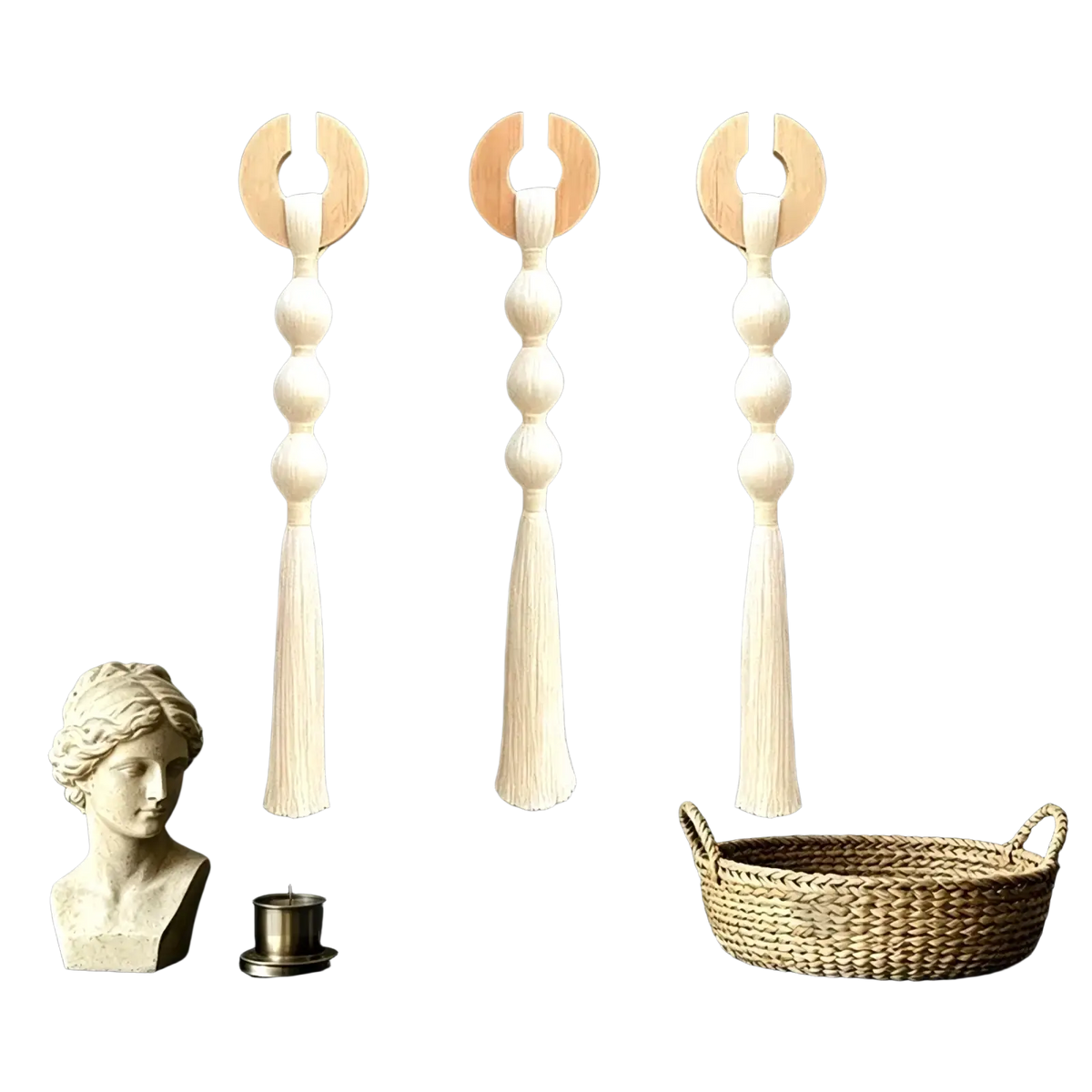 Minimalist woven tassel wall hanging art featuring three off-white handcrafted woven pieces with wooden circular tops and cascading beads