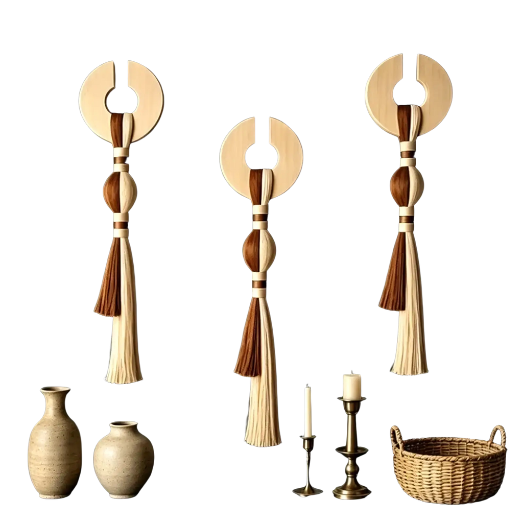 Three minimalist wooden wall hangings with circular tops and natural-colored woven tassels for wall decor