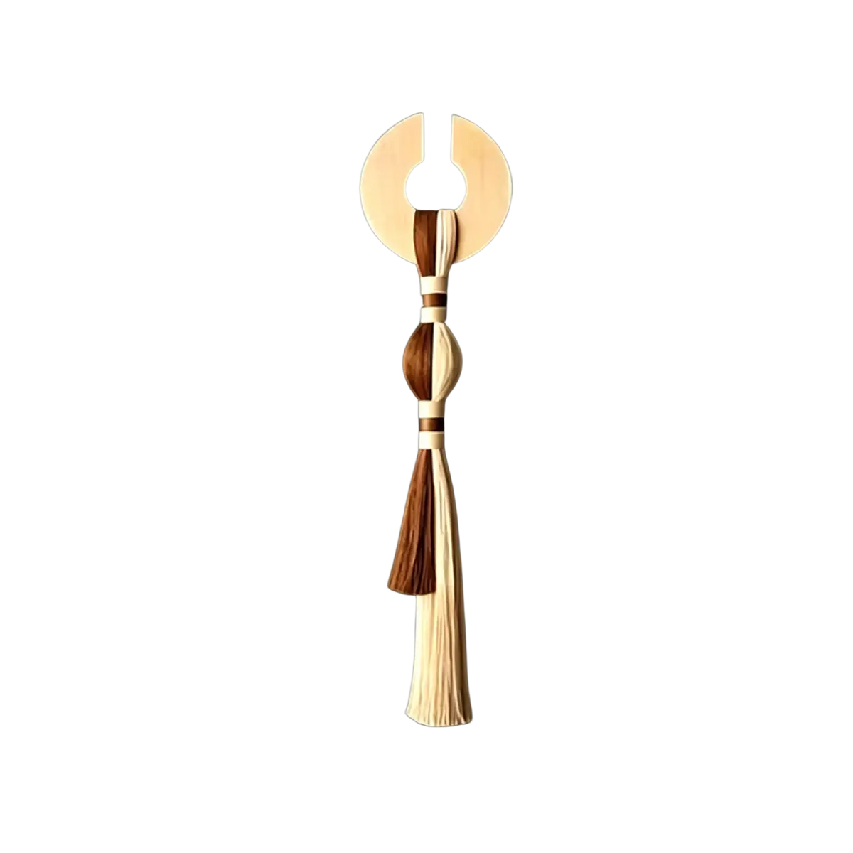 Minimalist woven tassel wall hanging art featuring a wooden circular top with alternating light and dark wood strands