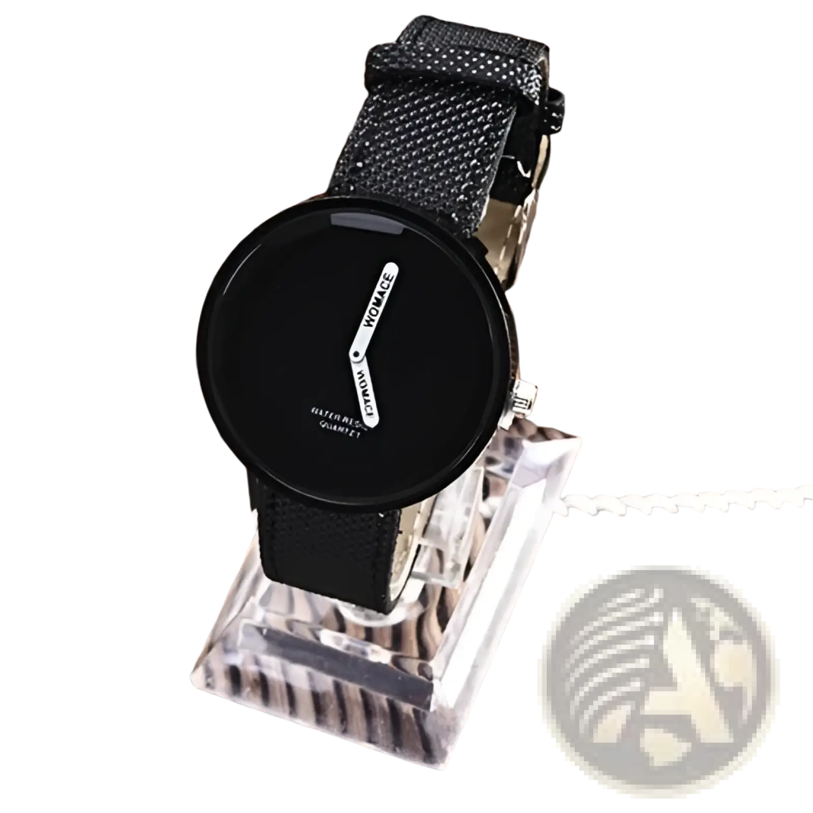 Minimalist yellow leather women’s watch featuring a black round face with silver-tone hands and textured fabric strap