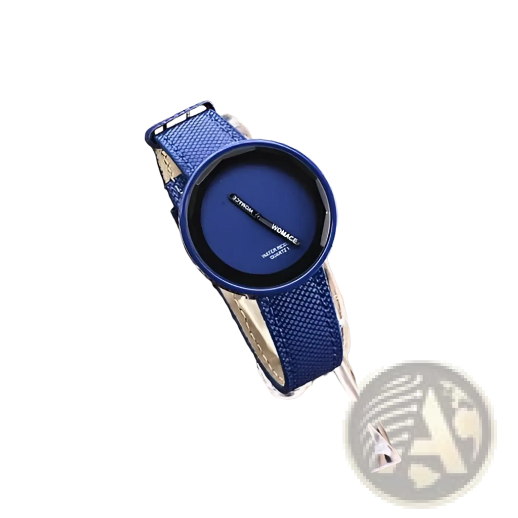 Minimalist yellow leather women’s watch featuring a blue homage quartz dial with a textured blue strap