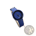 Minimalist yellow leather women’s watch featuring a blue homage quartz dial with a textured blue strap