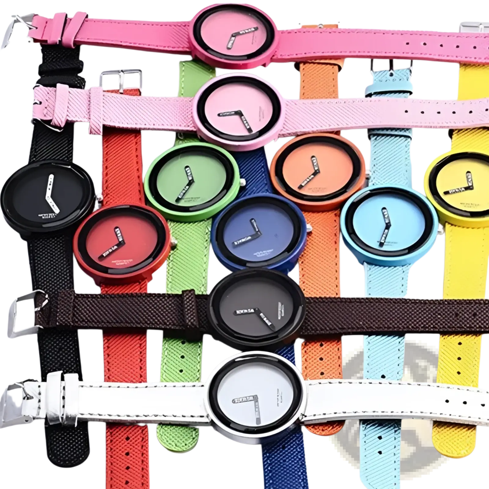 A collection of colorful minimalist women’s leather watches with round faces in various hues including yellow
