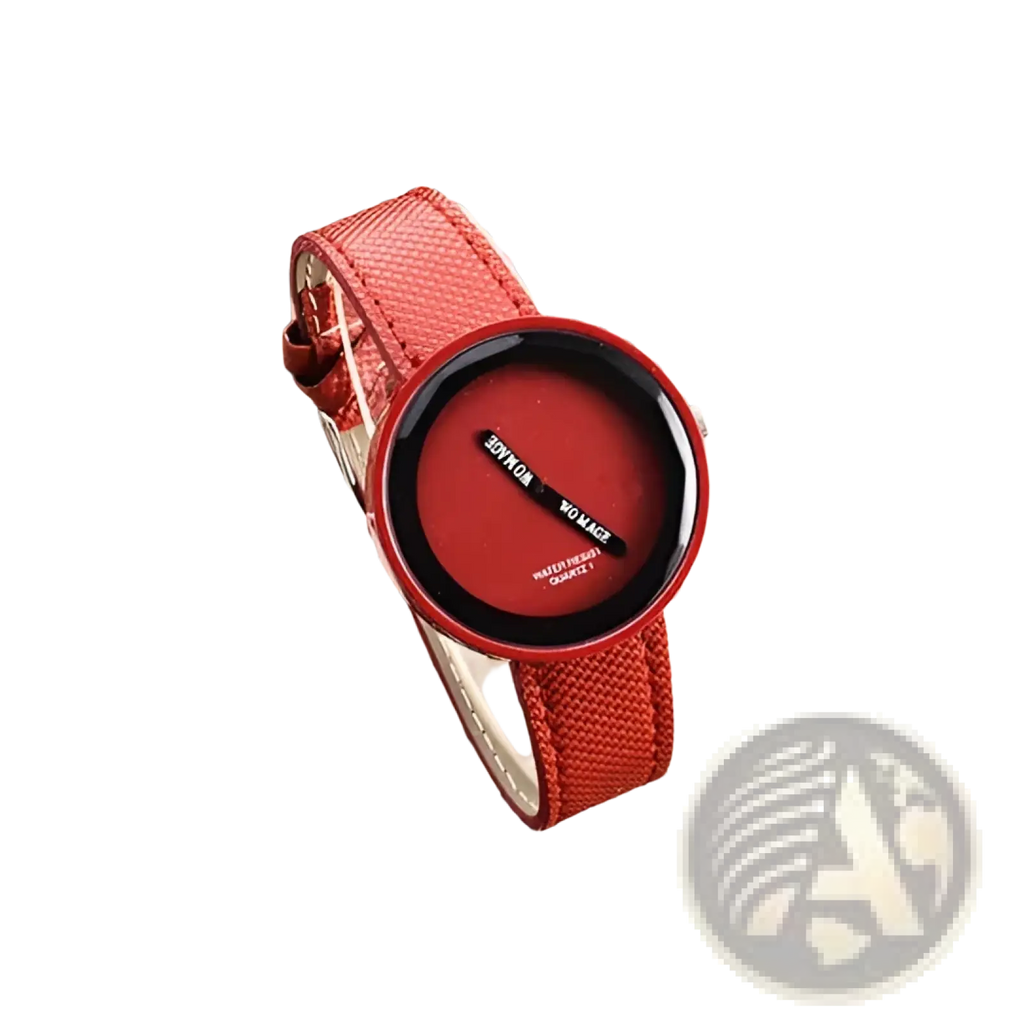 Minimalist yellow leather womens watch with bold red leather strap and red face featuring voyage brand name on dial
