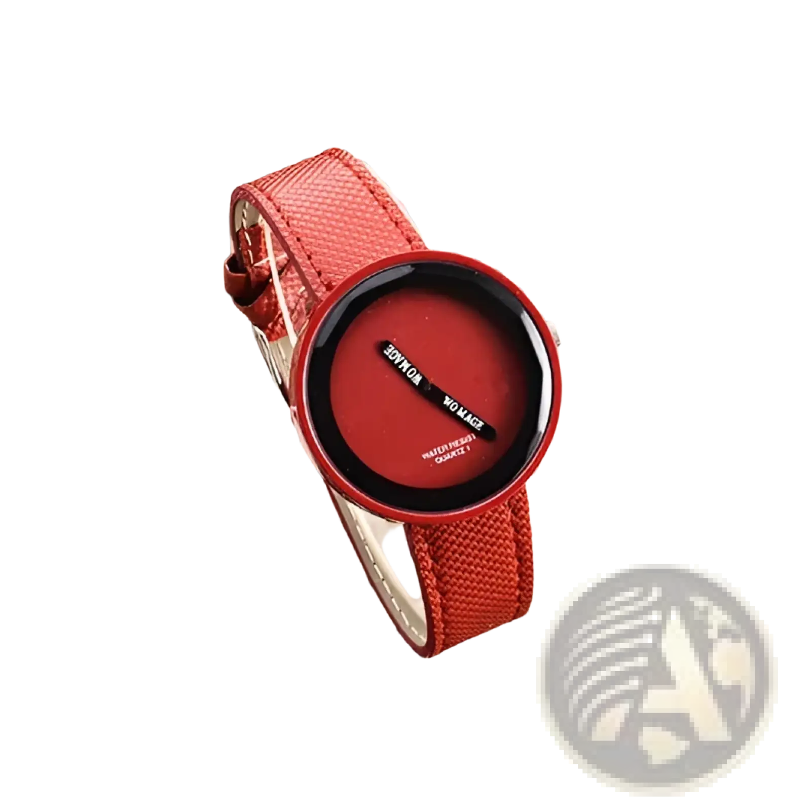 Minimalist yellow leather womens watch with bold red leather strap and red face featuring voyage brand name on dial