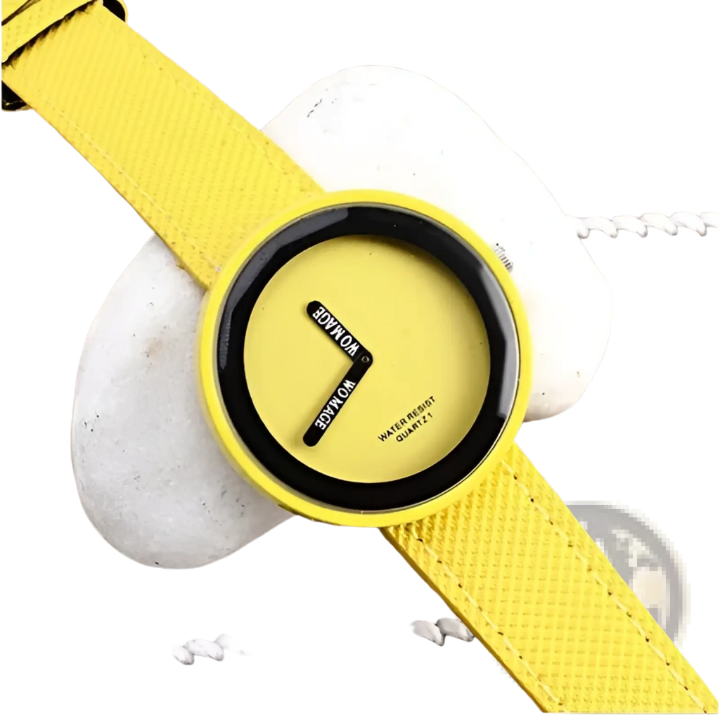 Minimalist yellow leather women’s watch with vibrant yellow face, black hands, and text featuring a minimalist design