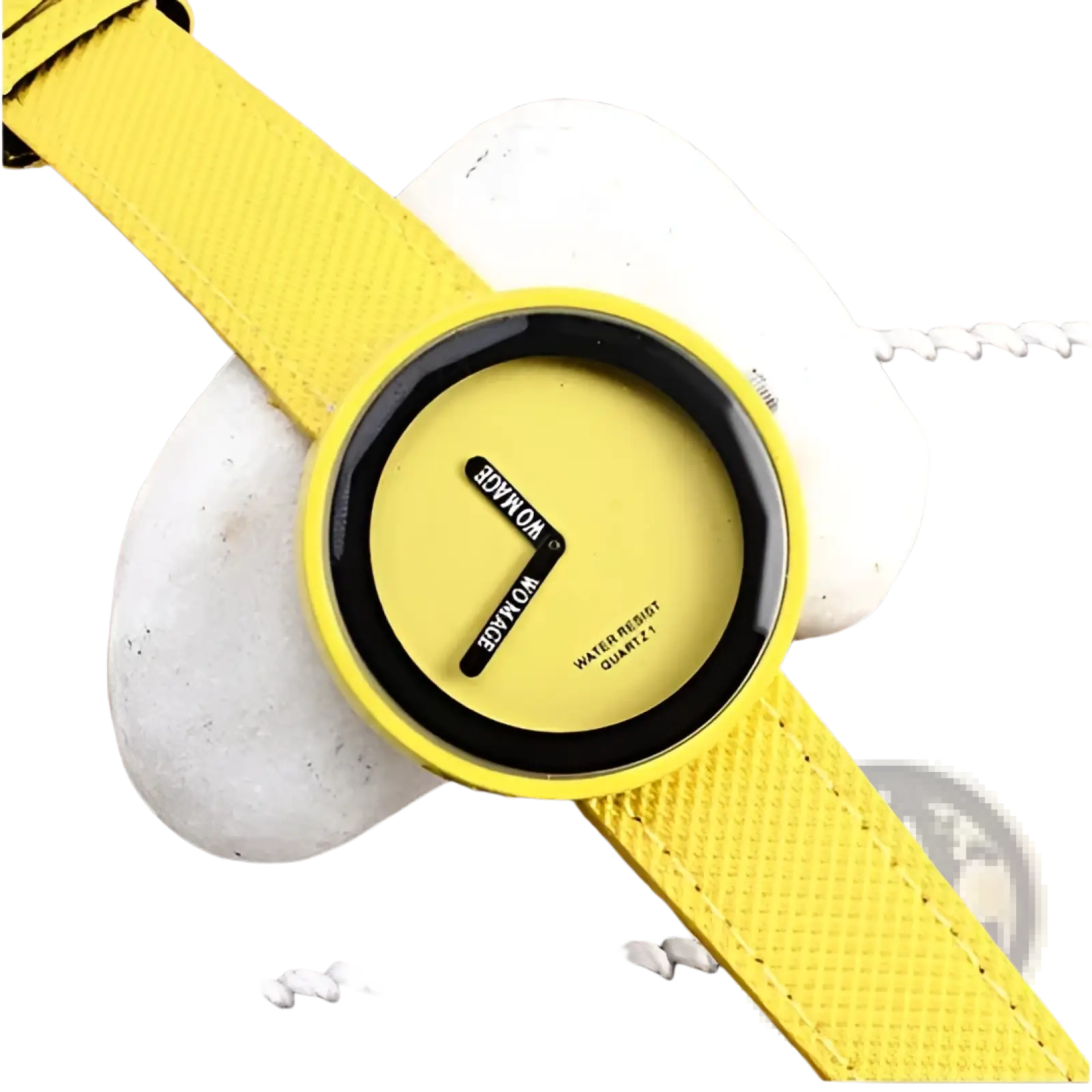 Minimalist yellow leather women’s watch with vibrant yellow face, black hands, and text featuring a minimalist design