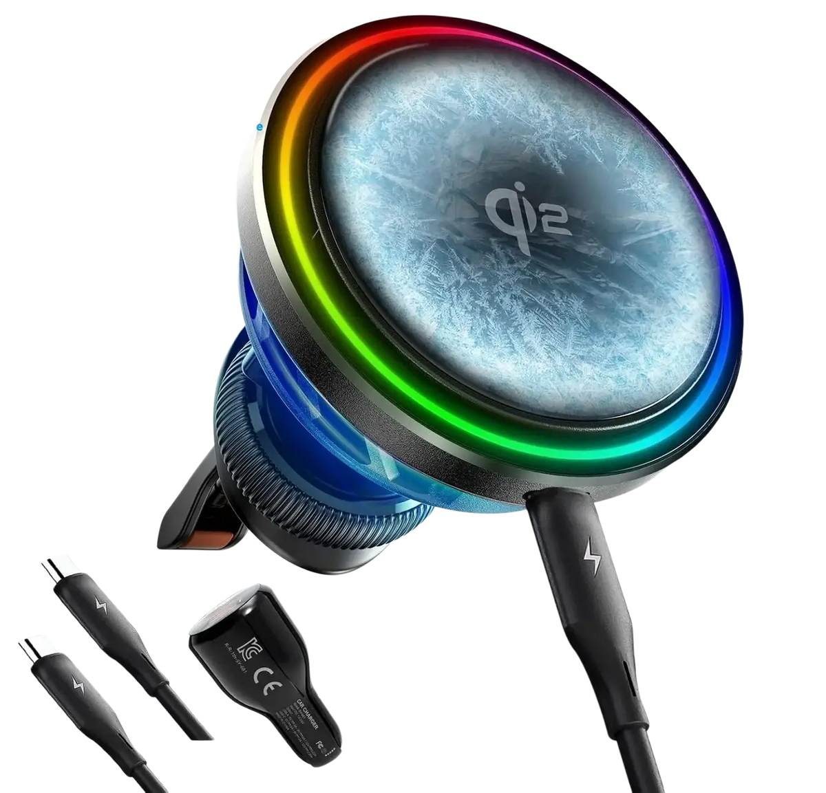 Minix qi2 magnetic car charger with 15w magsafe wireless charging, ice cooling fan, frosty blue surface, and rainbow led ring
