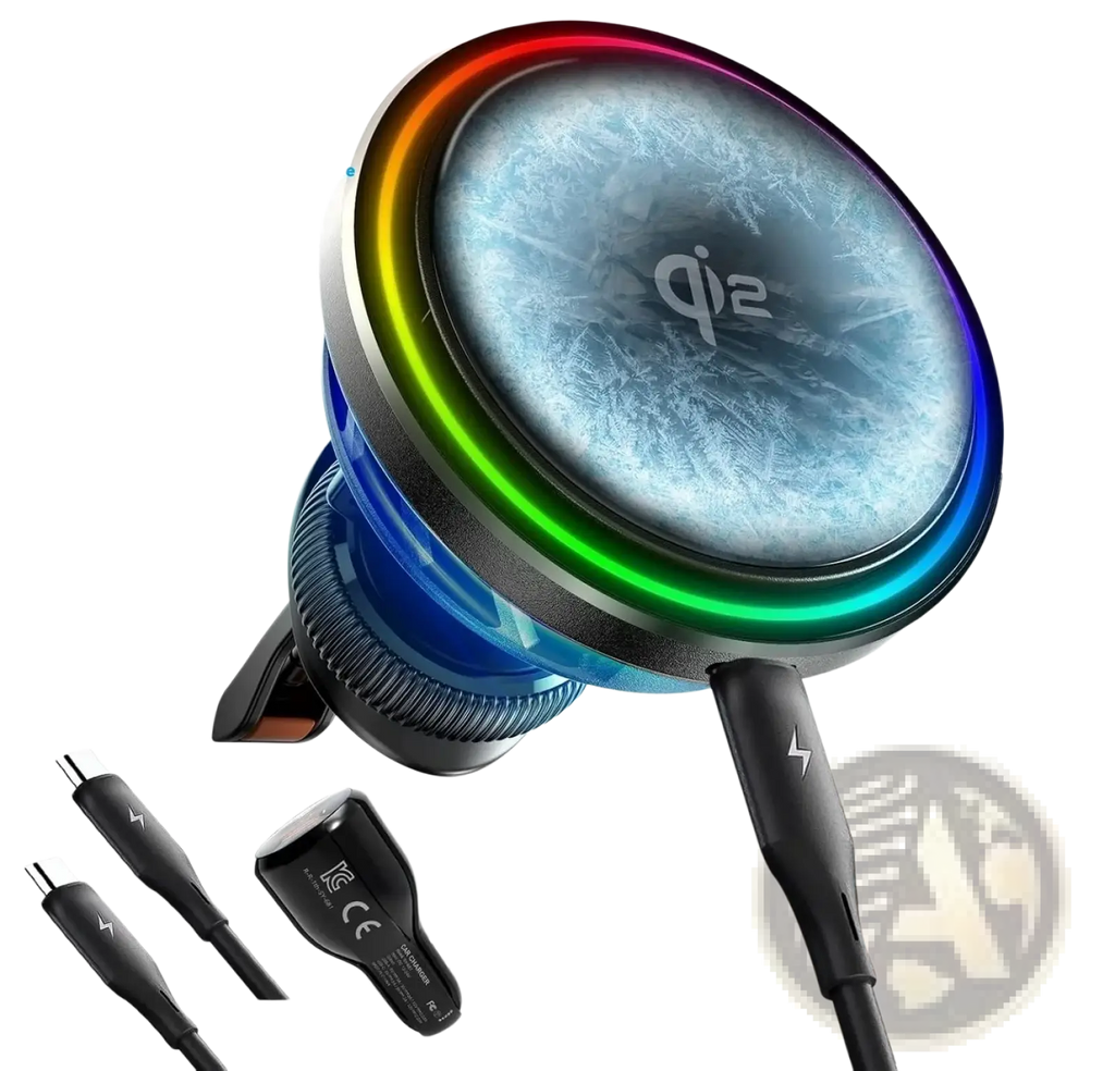 Minix qi2 magnetic car charger with 15w magsafe wireless charging, ice cooling fan, frosty blue surface, and rainbow led ring
