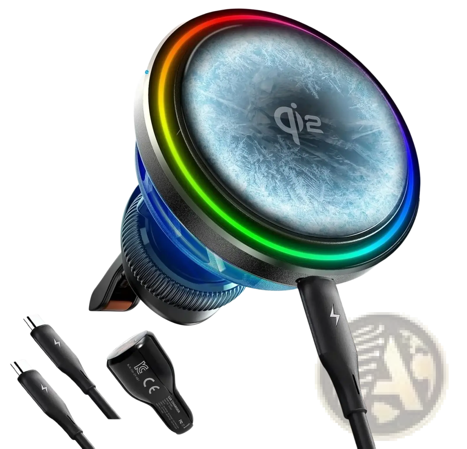 Minix qi2 magnetic car charger with 15w magsafe wireless charging, ice cooling fan, frosty blue surface, and rainbow led ring