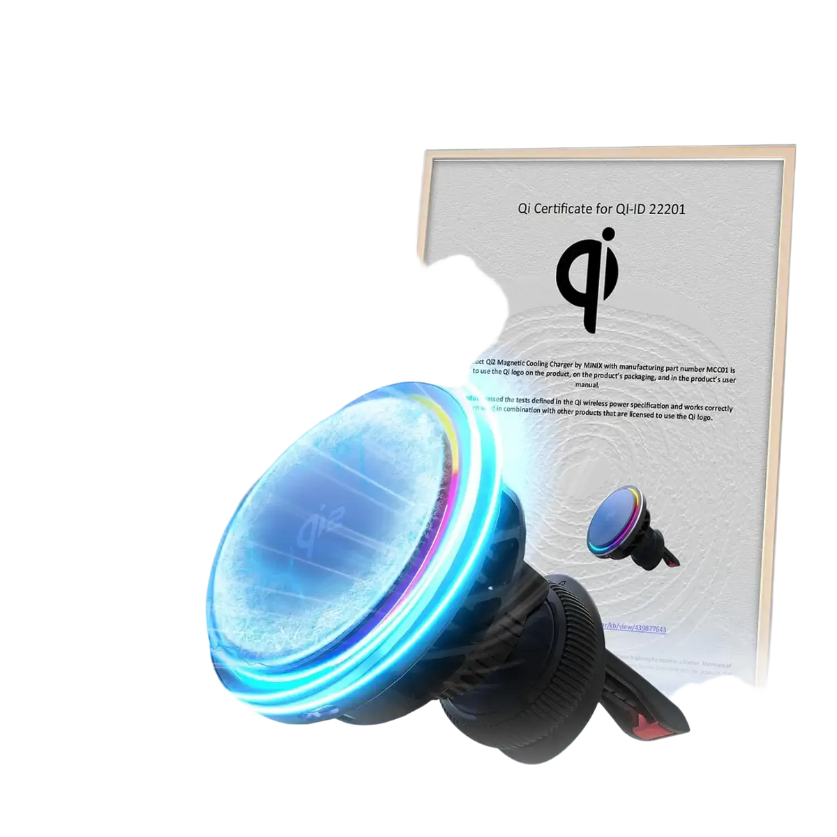 Black Minix Qi2 magnetic car charger with cooling fan and glowing blue and rainbow RGB light ring