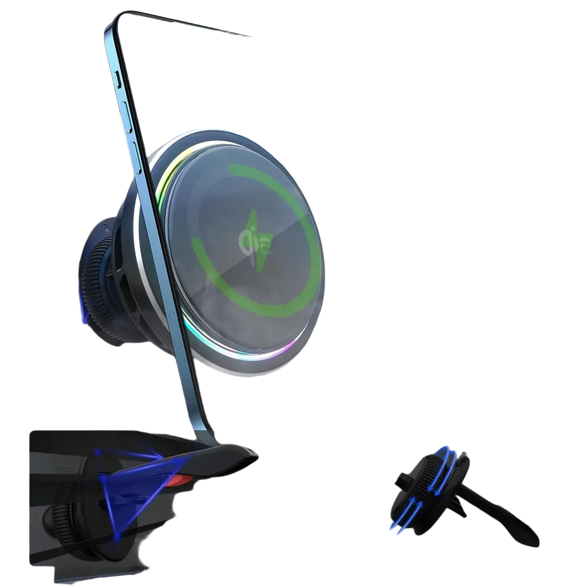 Minix Qi2 magnetic car charger in sleek black with circular base and adjustable arms for secure vent attachment