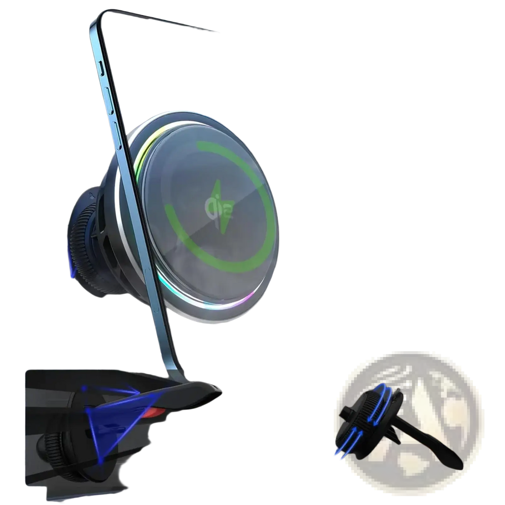 Minix Qi2 magnetic car charger in sleek black with circular base and adjustable arms for secure vent attachment
