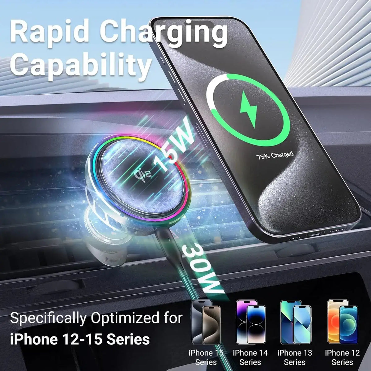 Minix Qi2 magnetic car charger with cooling fan featuring a sleek circular 15w wireless charger with rainbow ring