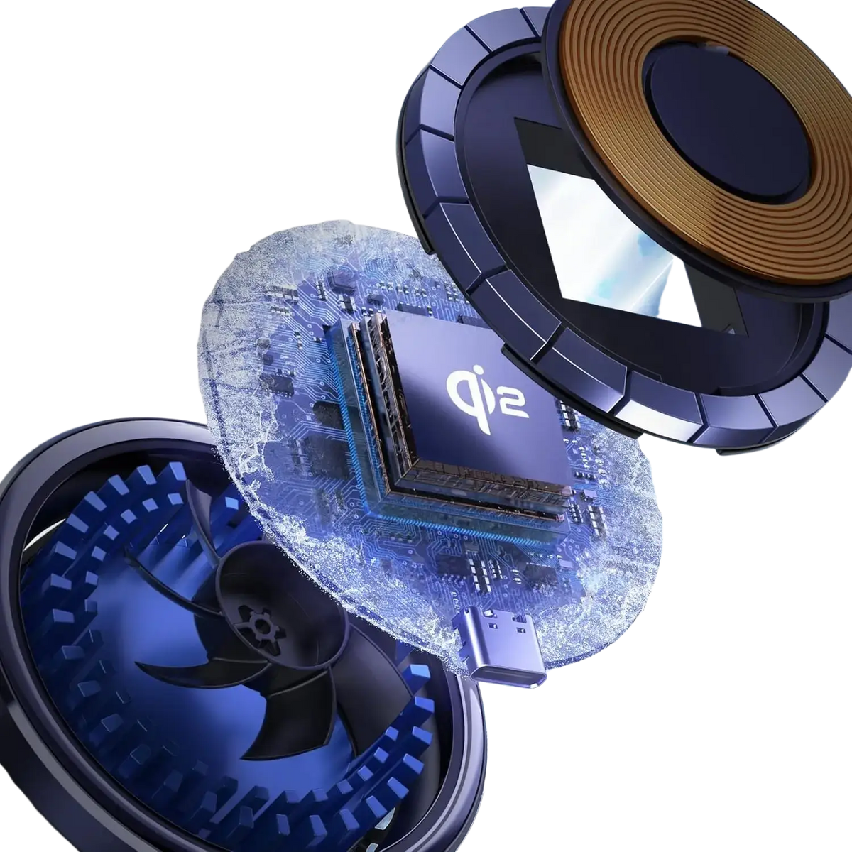 Minix qi2 magnetic car charger in sleek dark blue metallic finish with circular cooling fans for efficient charging