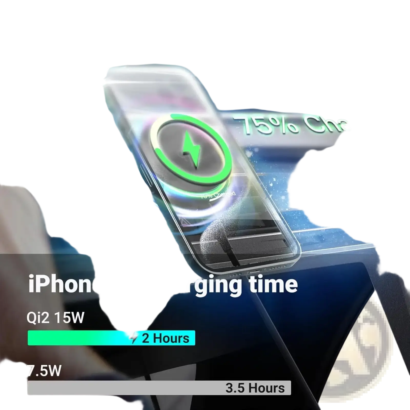 Minix qi2 magnetic car charger with cooling fan showing a sleek transparent wireless charging pad with glowing green qi2 15w logo