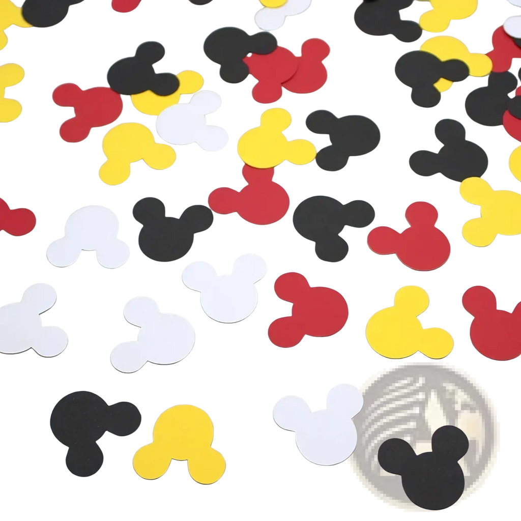 Minnie mouse baby shower confetti table decor featuring red yellow black and white mickey mouse shaped pieces