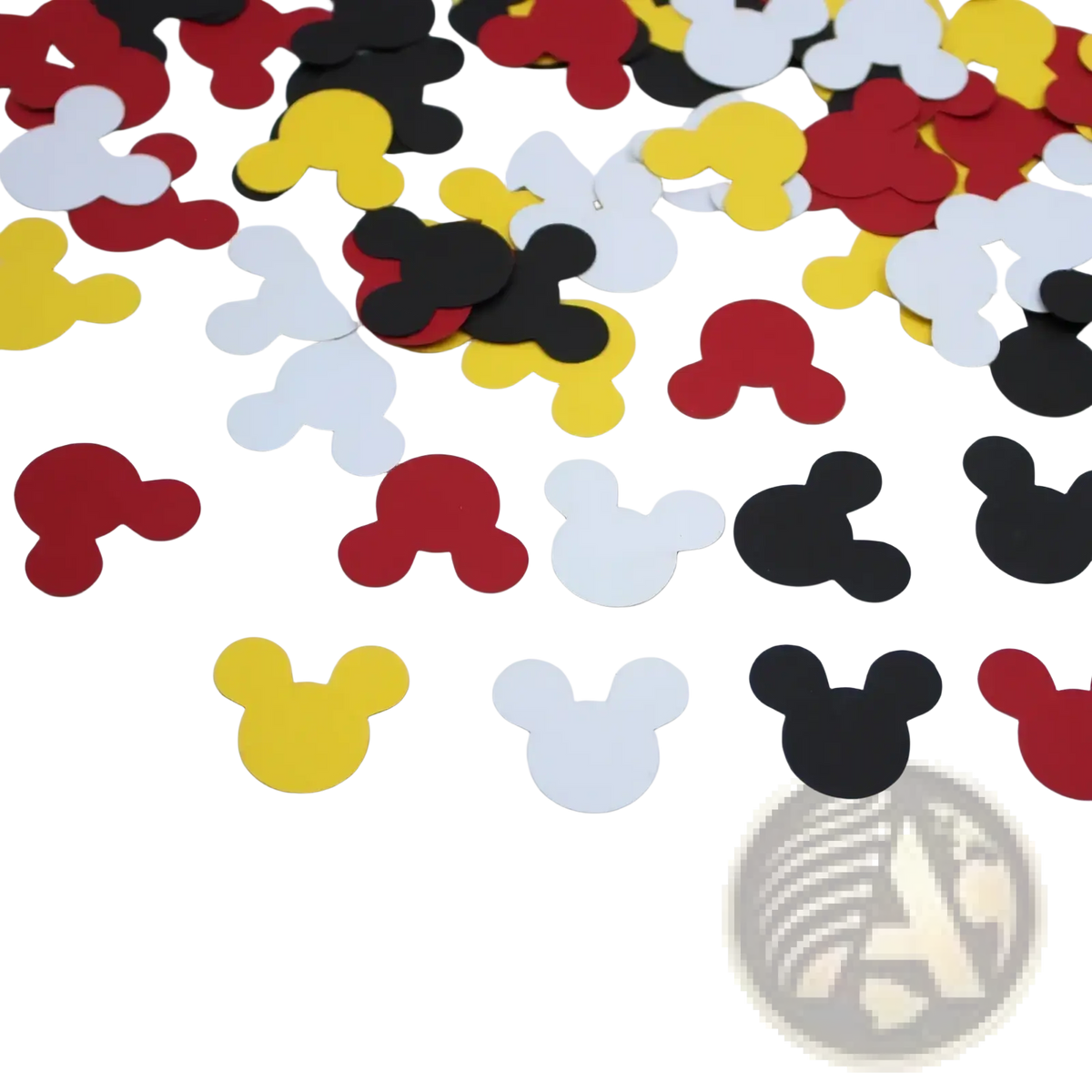 Minnie mouse baby shower confetti table decor featuring red yellow black and white mickey mouse head shapes