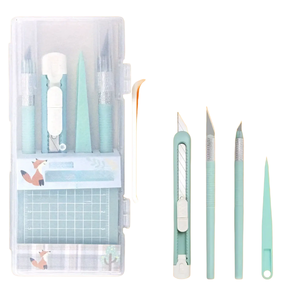 Mint craft knife set in mint green and white with a clear plastic case featuring fox illustrations for crafting tasks