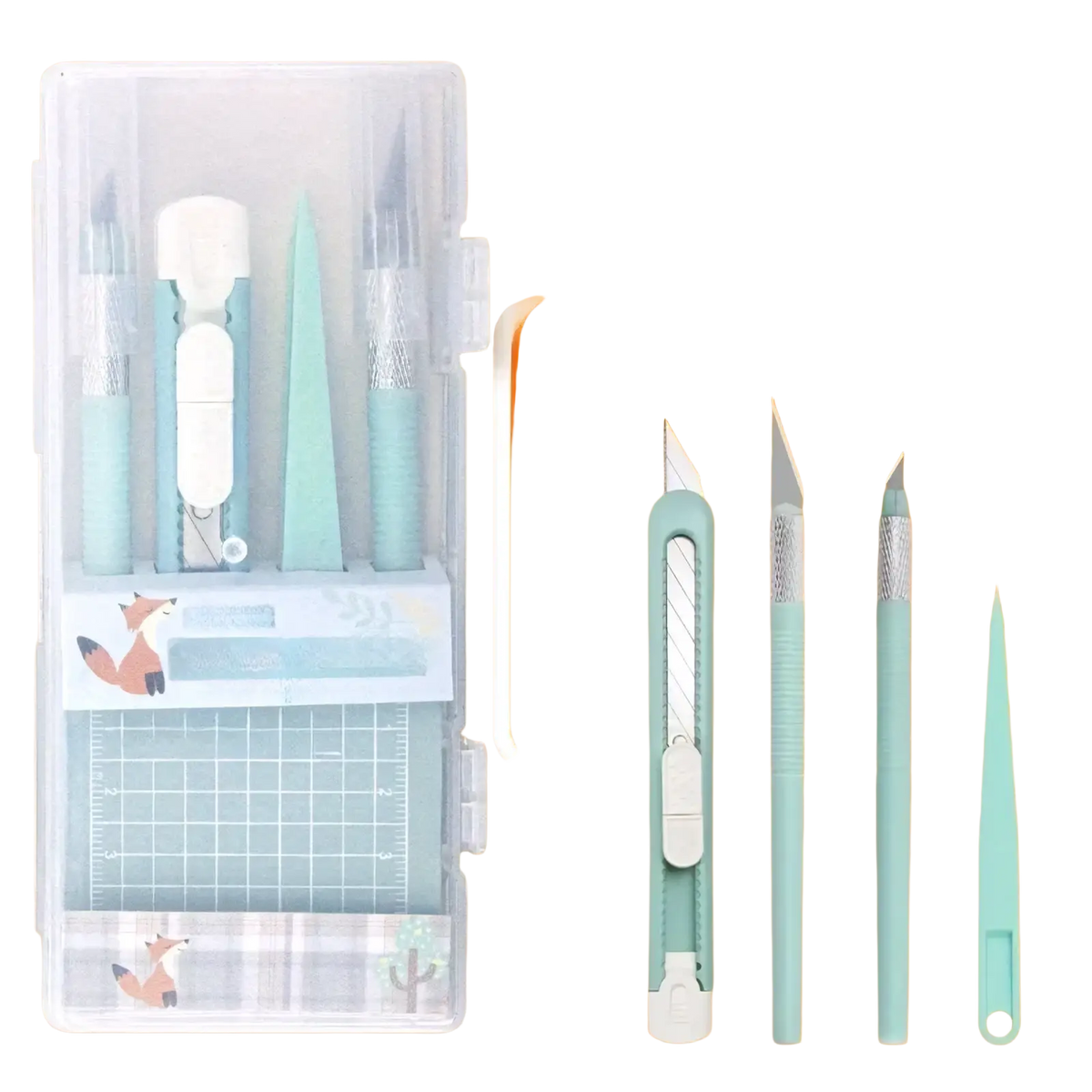 Mint craft knife set in mint green and white with a clear plastic case featuring fox illustrations for crafting tasks