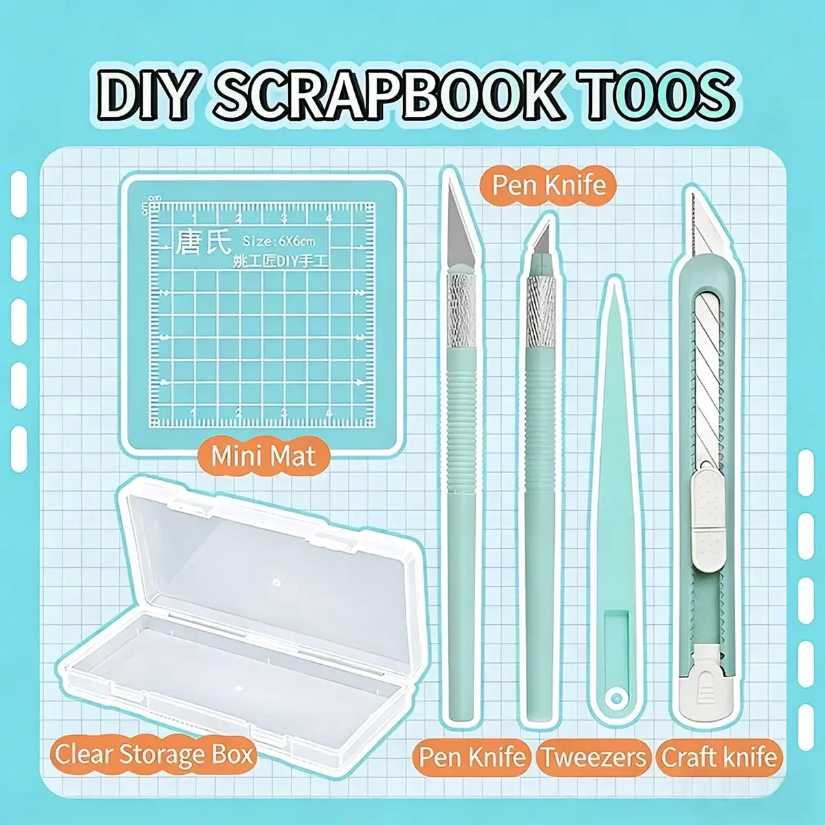 Mint craft knife set with light teal handles including pen knives tweezers and craft knife in clear storage box