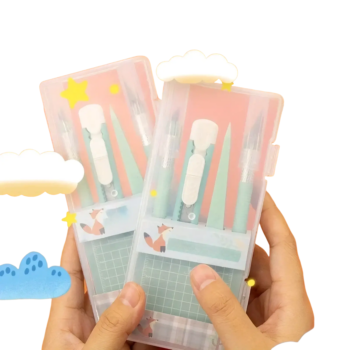 Pastel green and white mint craft knife set and tool kit in clear plastic case with fox design for precise crafting
