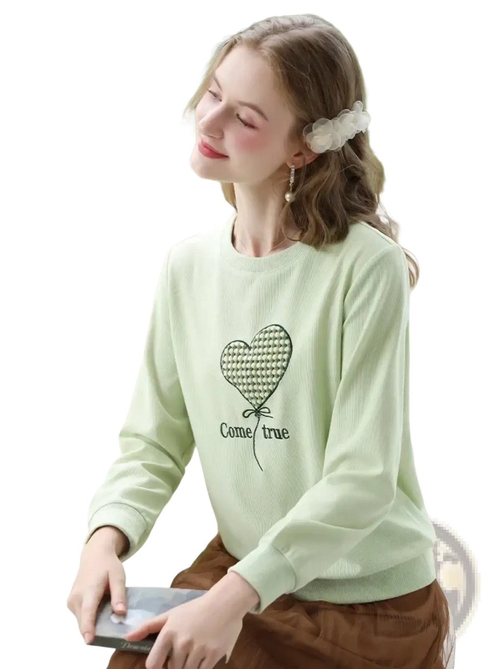 Mint green long-sleeved sweatshirt with black embroidered heart balloon and come true text in cotton fabric