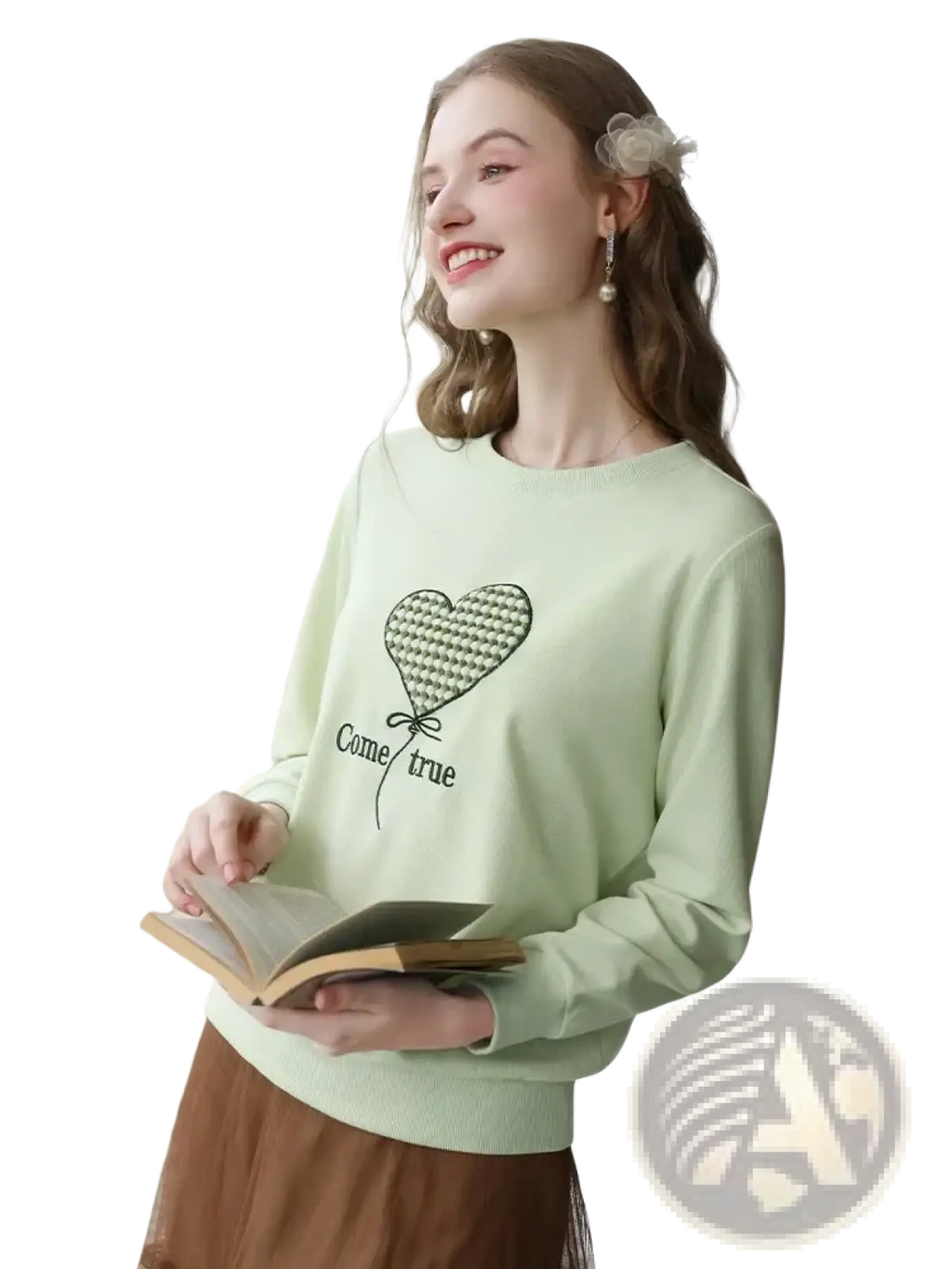 Mint green long-sleeved sweater with heart-shaped balloon embroidery and come true text on front side