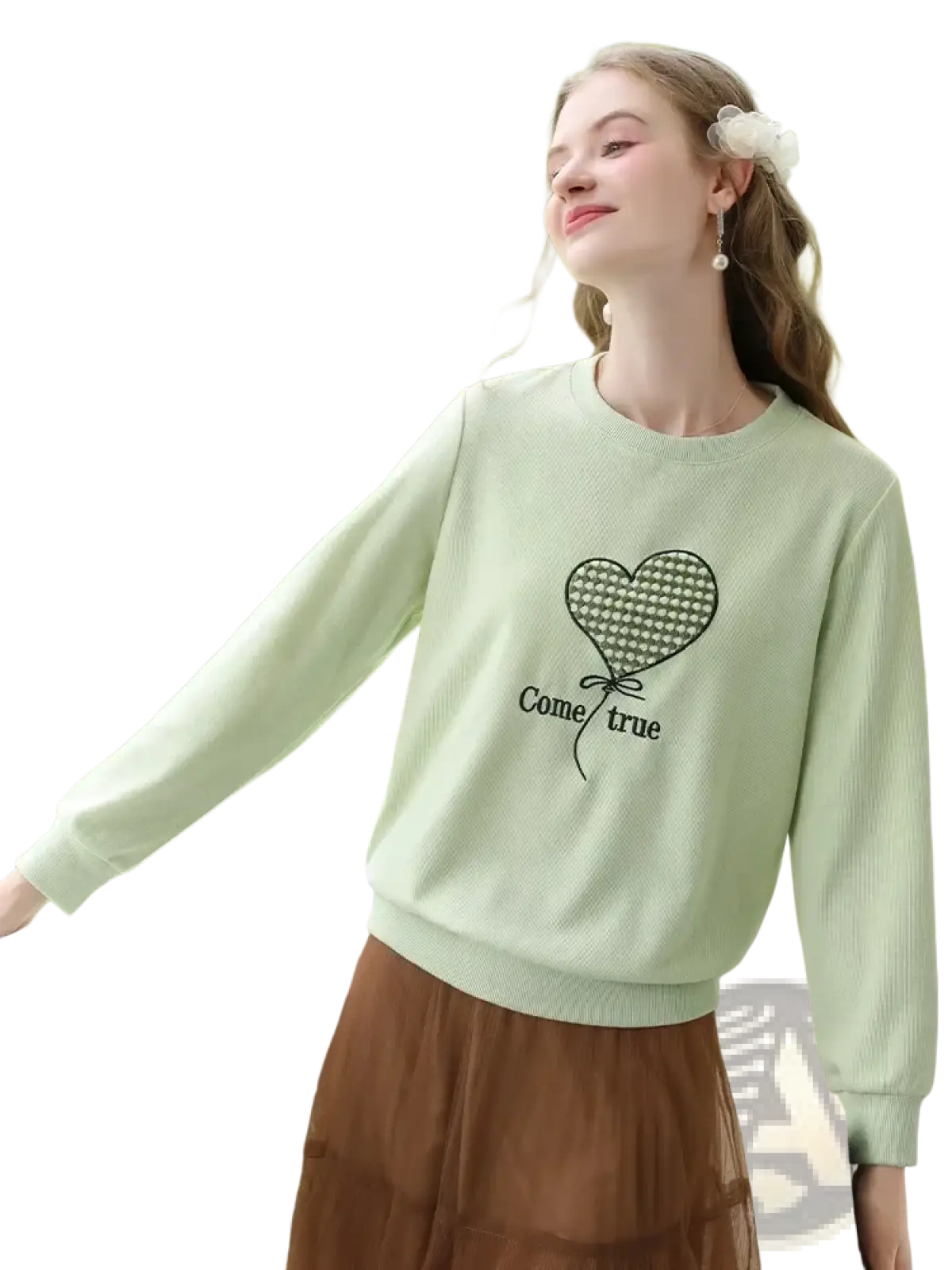 Mint green long-sleeved sweater with embroidered heart-shaped balloon and come true text in black thread