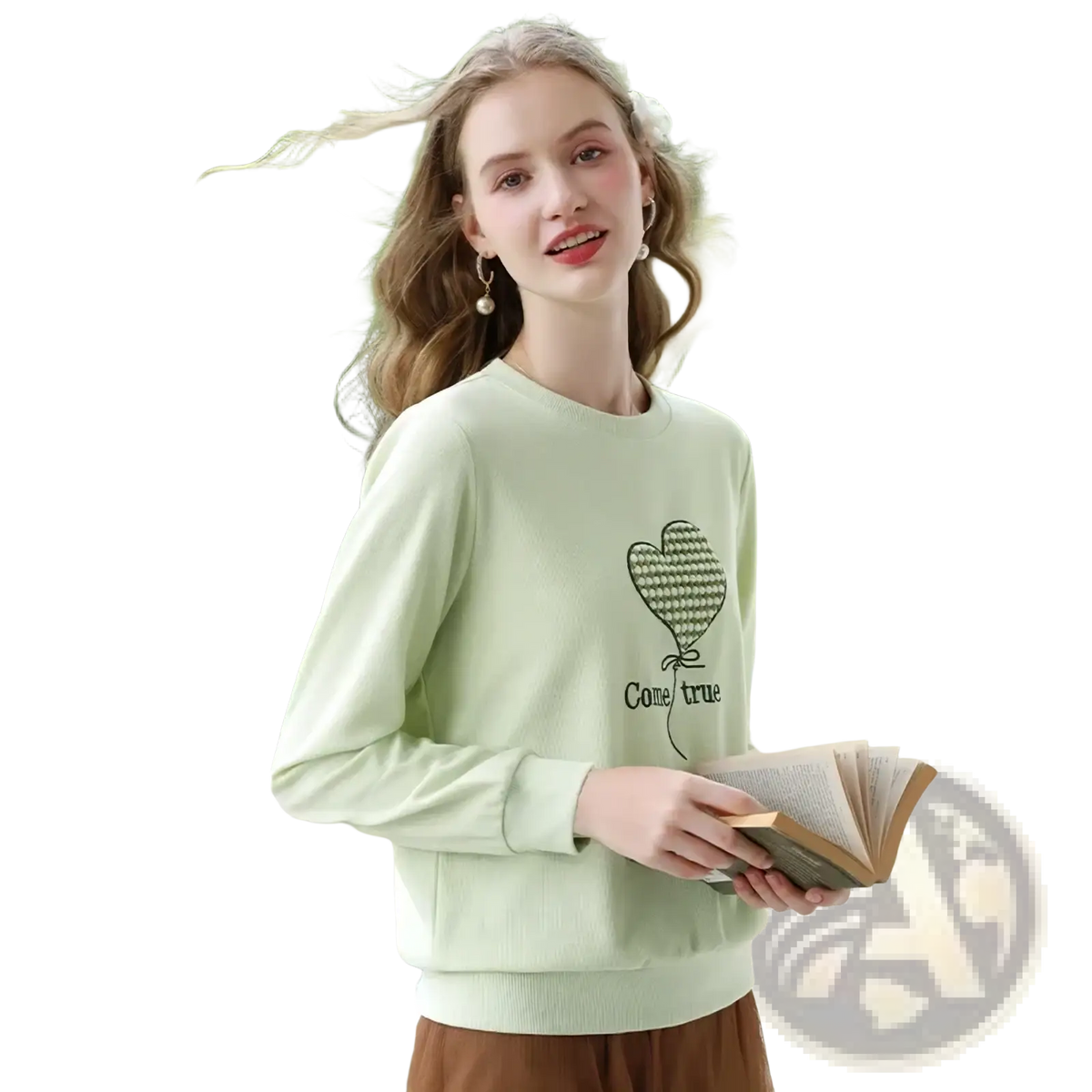 Mint green long-sleeved sweater with embroidered heart balloon and come true text in dark green thread